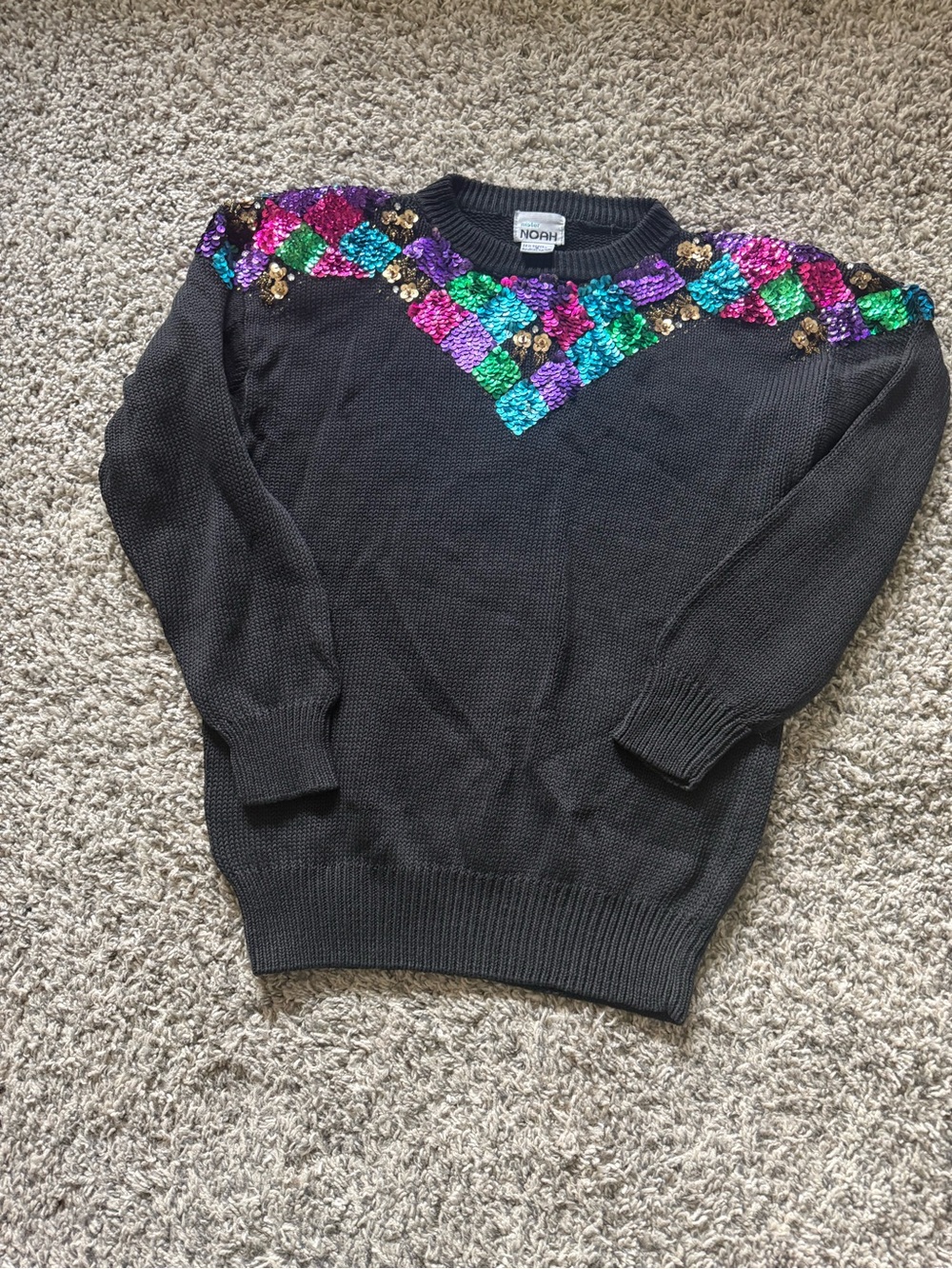 nOir Jewelry Black Crewneck Sweater with Multicolor Sequin Yoke